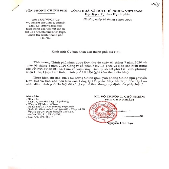 Văn phòng Chính phủ chuyển đơn thư và báo cáo các vết nứt tại công trình 8B Lê Trực đến UBND Thành phố Hà Nội.