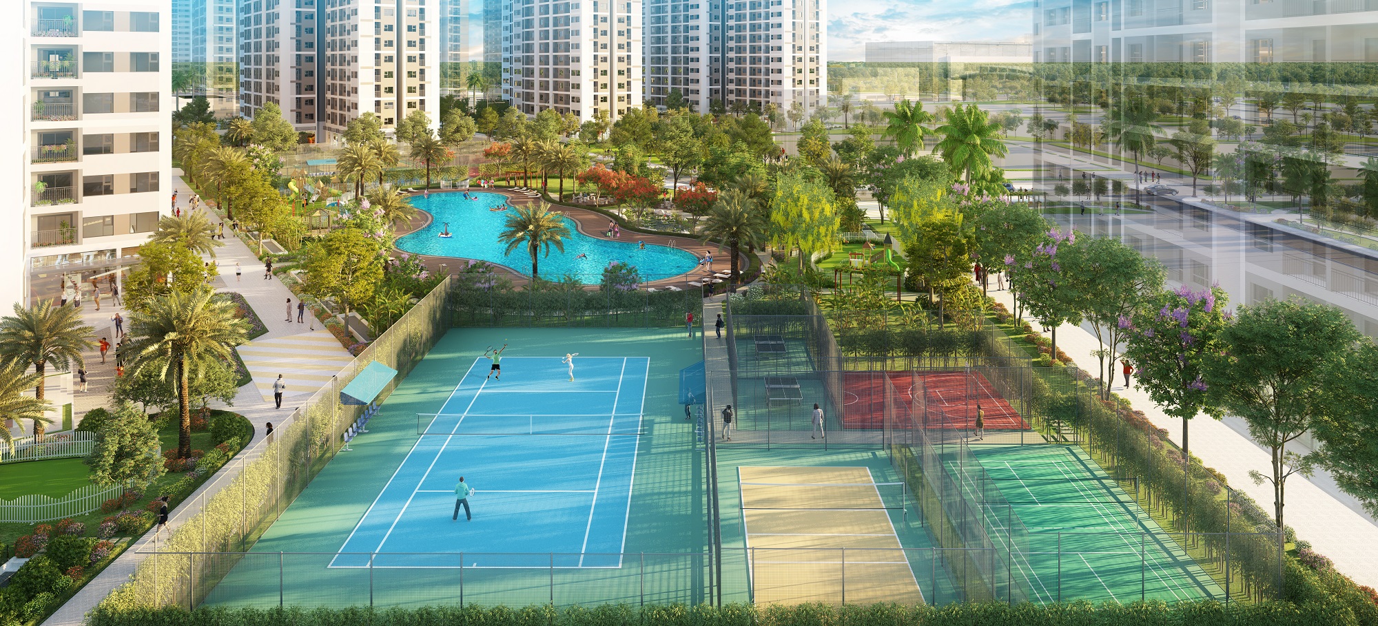 Sân chơi thể thao nằm bên cạnh bể bơi trong nội khu dự án.