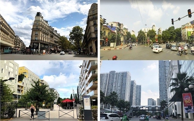 Hình ảnh nhà phố nội đô lịch sử và khu ở mới ven đô của Paris (nửa trái) và Hà Nội (nửa phải)