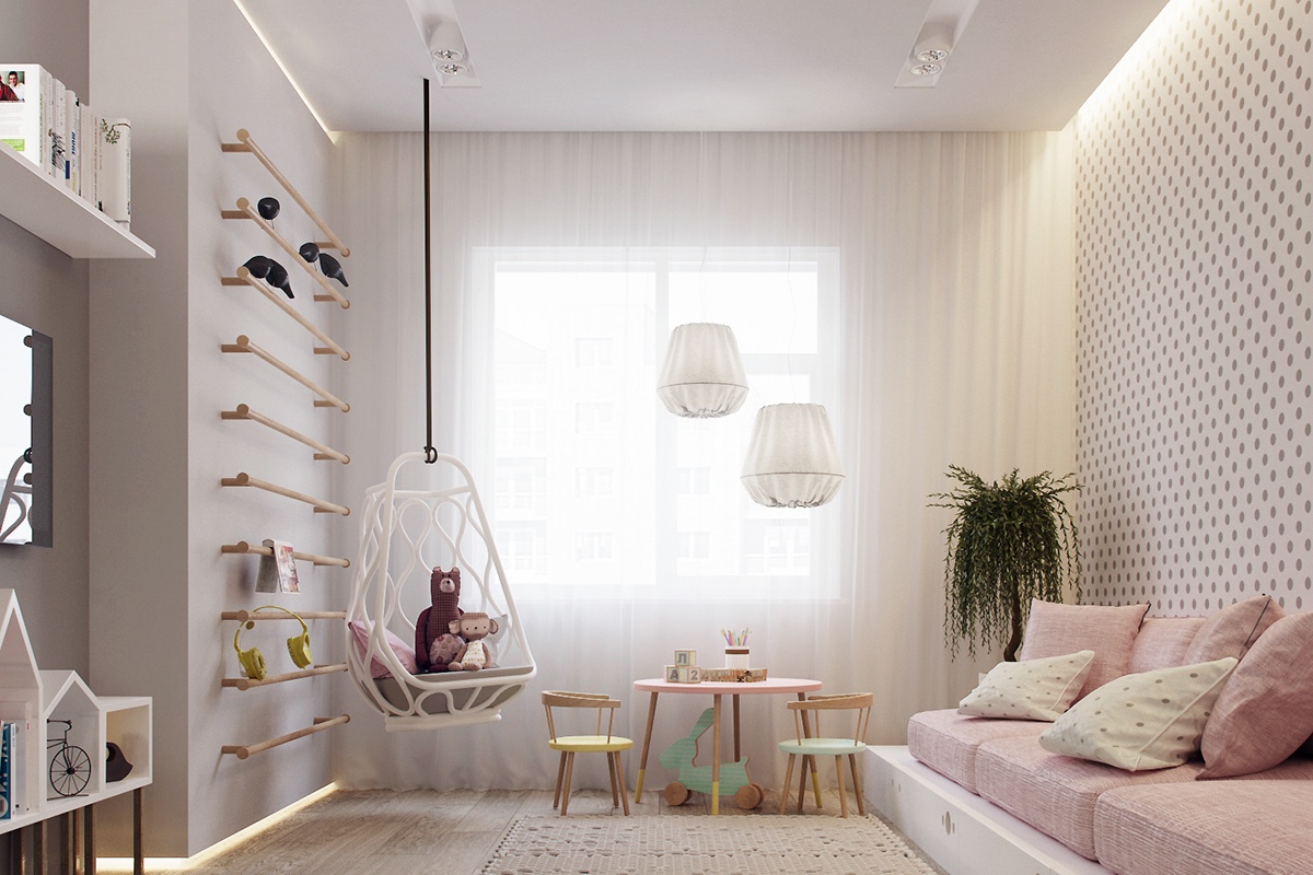 Một phòng ngủ lãng mạn bụi bặm, màu hồng và trắng với giường màu hồng, rèm cửa hình trái tim và đồ nội thất màu trắng đơn giản
