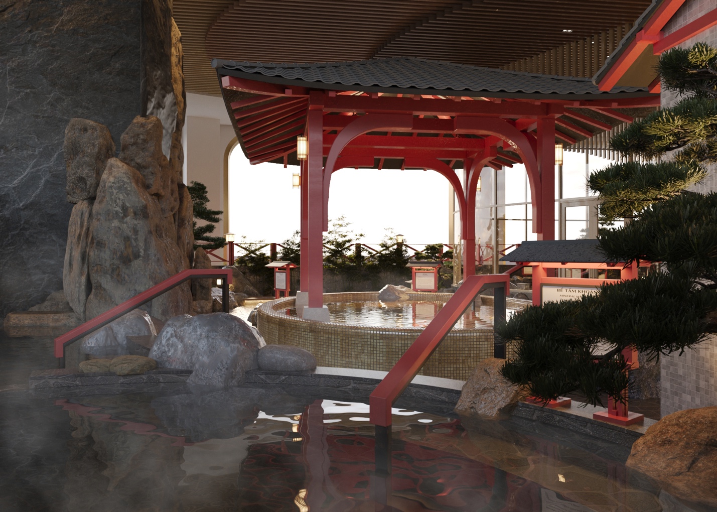 A red gazebo in a spa  Description automatically generated with medium confidence