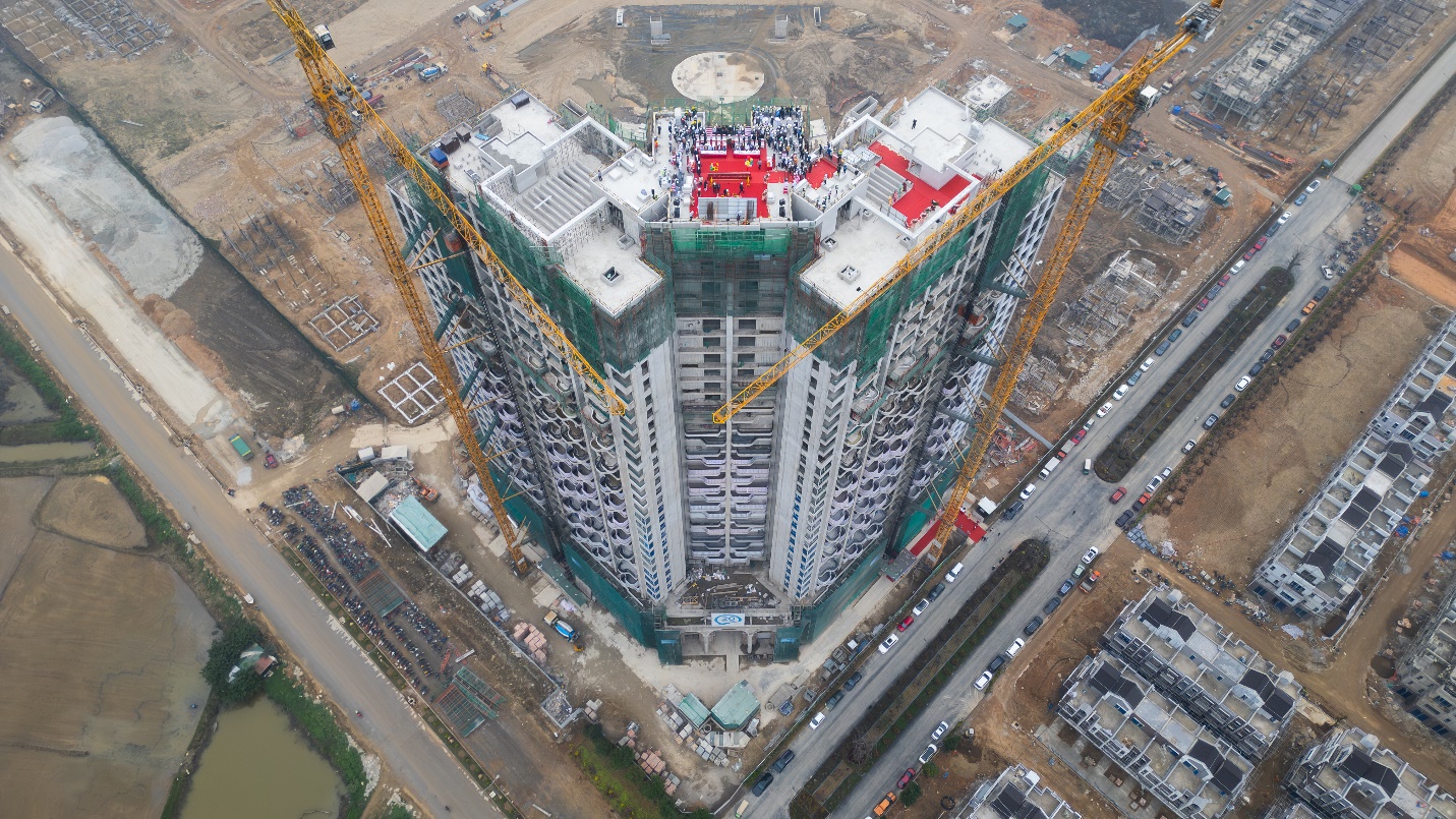 A high angle view of a building under construction  Description automatically generated