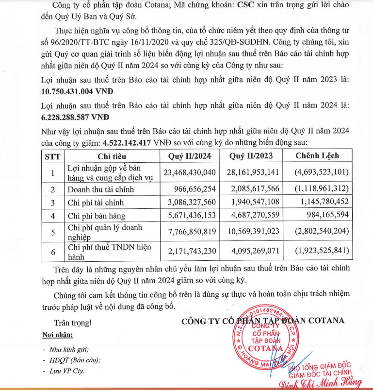 Lợi nhuận sau thuế quý II/2024 của Cotana Group giảm 42%- Ảnh 2.