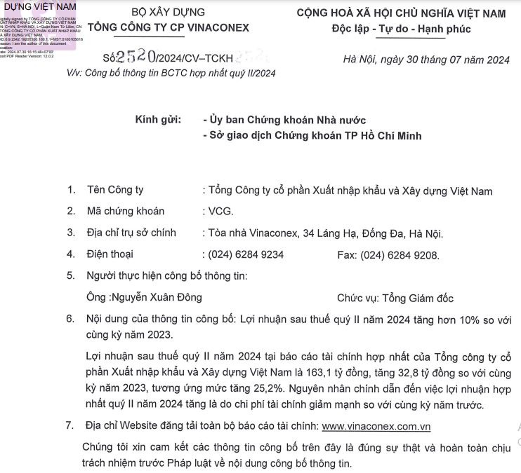 Vinaconex: Tiếp tục kinh doanh thuận lợi, lãi ròng quý II/2024 tăng 25%- Ảnh 1.