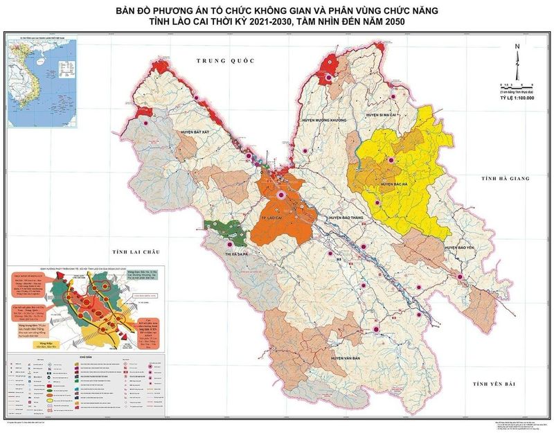 Bản đồ phương án tổ chức không gian và phân vùng chức năng tỉnh Lào Cai thời kỳ 2021 - 2030, tầm nhìn đến năm 2050.