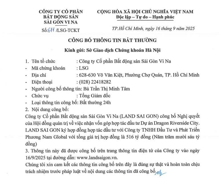 Nghị quyết của Land - Saigon về việc thông qua việc nhận vốn góp hợp tác đầu tư dự án Dragon Riverside City. Nguồn ảnh: Land - Saigon Nghị quyết của Land - Saigon về việc thông qua việc nhận vốn góp hợp tác đầu tư dự án Dragon Riverside City. Nguồn ảnh: Land - Saigon
