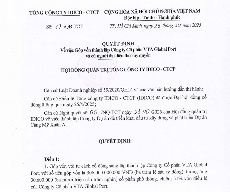 Nghị quyết của Idico về rót vốn vào công ty con. Nguồn ảnh: Idico