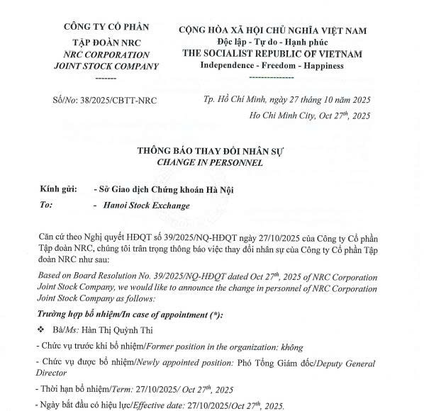 Thông báo của Tập đoàn NRC về thay đổi nhân sự Thông báo của Tập đoàn NRC về thay đổi nhân sự