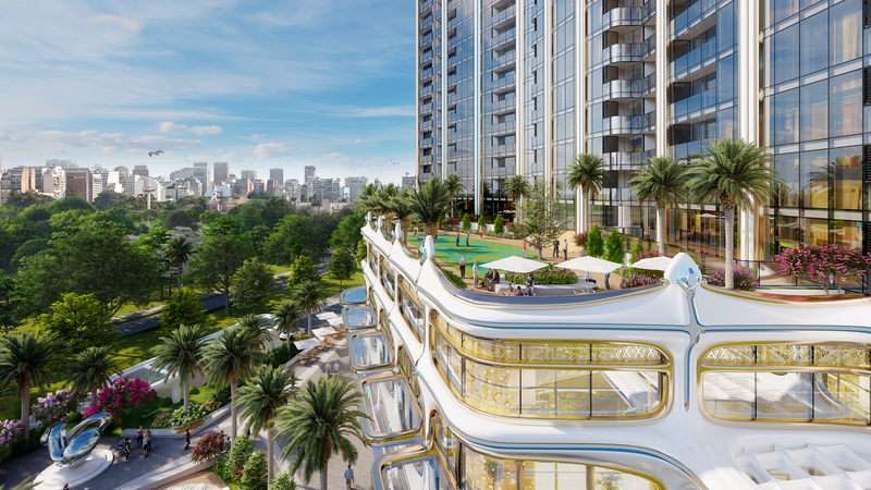 Giải mã sức hút của dự án BĐS "hot" bậc nhất phố cảng hiện nay- Ảnh 3. A building with trees and a city in the background Description automatically generated