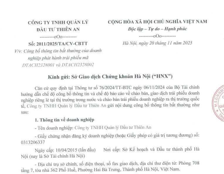 Thông tin công bố của Công ty TNHH Quản lý Đầu tư Thiên An. Nguồn ảnh: HNX
