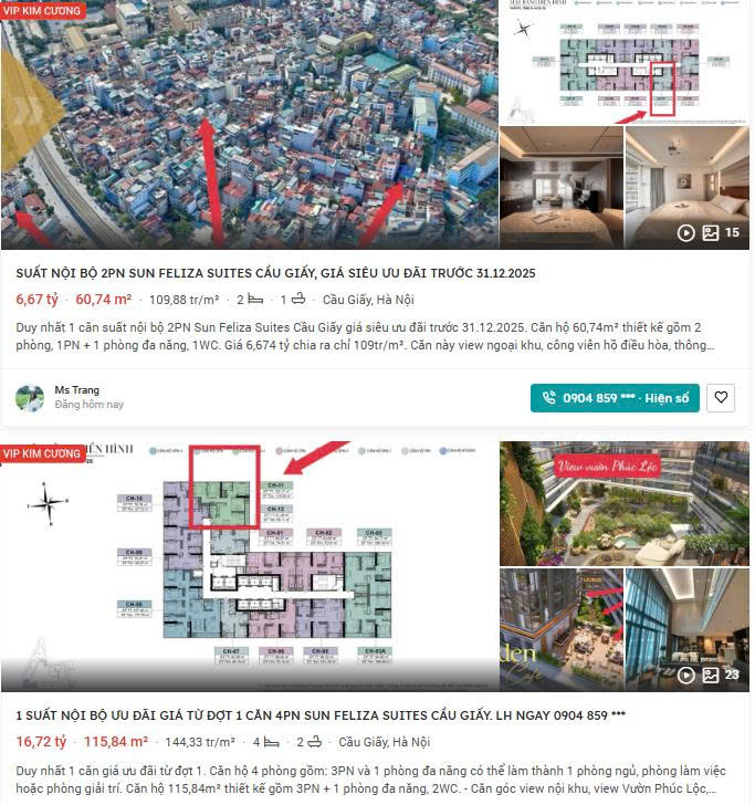 Thông tin giá bán các căn hộ tại dự án Sun Feliza Suites. Nguồn ảnh: Batdongsan.com.vn