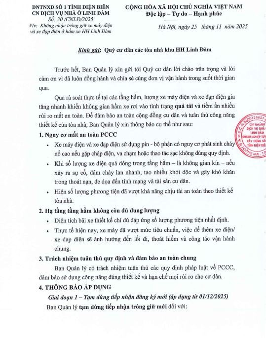 Văn bản của Ban Quản lý chung cư HH Linh Đàm.