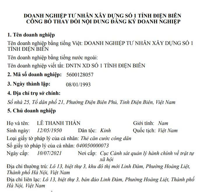 Văn bản công bố thay đổi ngành nghề kinh doanh của doanh nghiệp