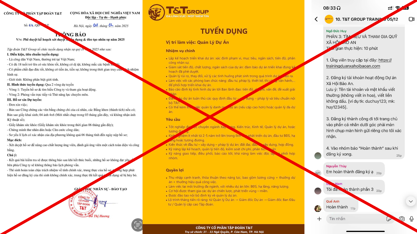 Cảnh giác trước chiêu trò giả mạo tuyển dụng T&T Group trên mạng xã hội để lừa đảo- Ảnh 1. Cảnh giác trước chiêu trò giả mạo tuyển dụng T&T Group trên mạng xã hội để lừa đảo- Ảnh 1.