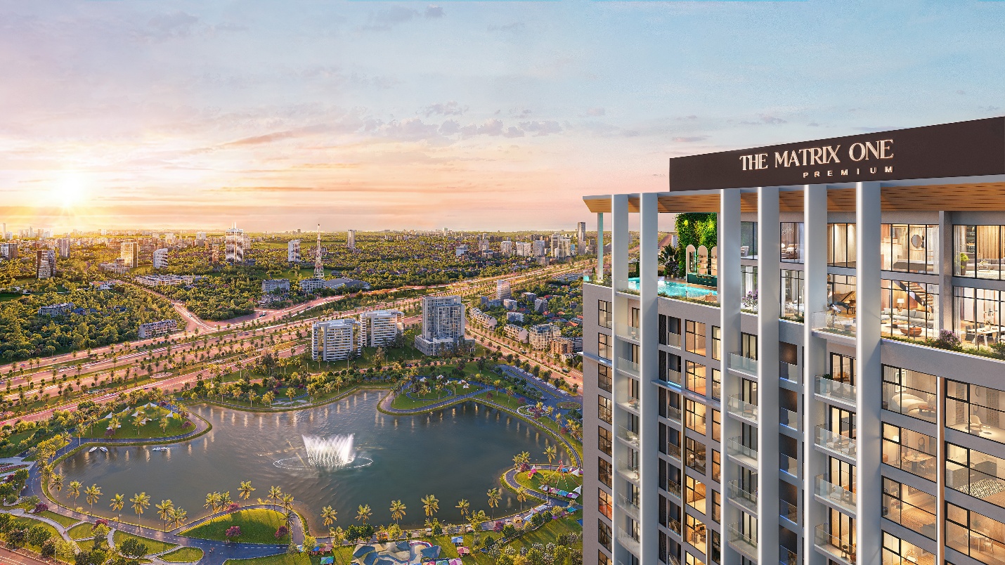 The Matrix One Premium: Khi tài sản trở thành biểu tượng sống và di sản cá nhân- Ảnh 2. A large building with a lake and a city in the background AI-generated content may be incorrect.