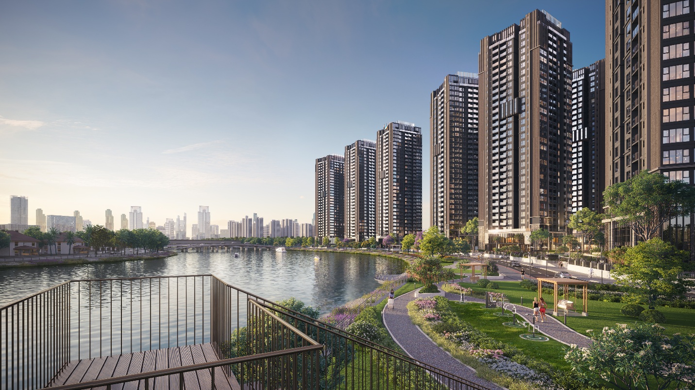 Chất liệu và ngôn ngữ thiết kế tạo nên dải lụa đẹp The Privé- Ảnh 2. A city with a lake and tall buildings Description automatically generated