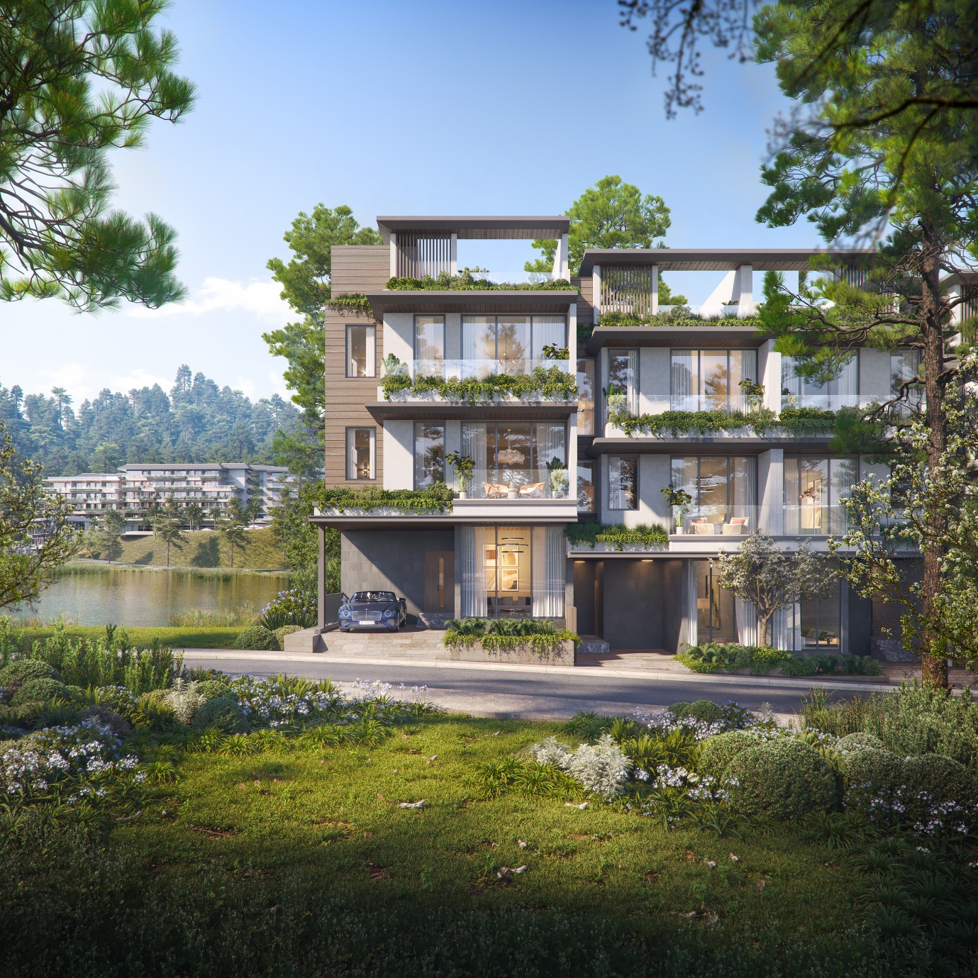 A building with trees and a lake  AI-generated content may be incorrect.