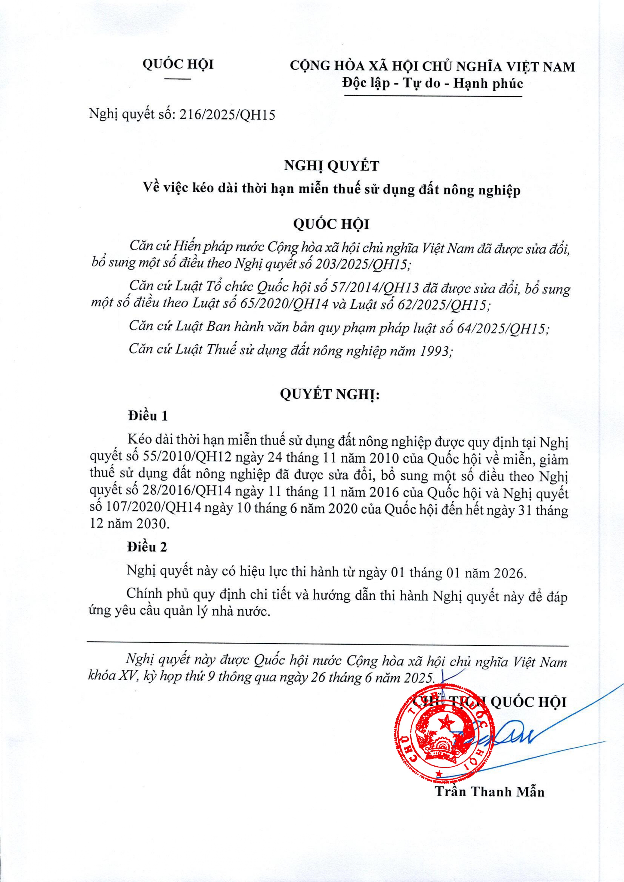 Nghị quyết 216/2025/QH15 kéo dài thời hạn miễn thuế sử dụng đất nông nghiệp- Ảnh 1. Nghị quyết 216/2025/QH15 kéo dài thời hạn miễn thuế sử dụng đất nông nghiệp- Ảnh 1.