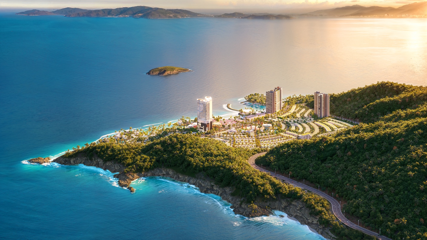A aerial view of a beach with buildings and a body of water  AI-generated content may be incorrect.