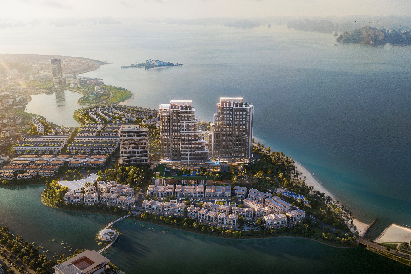 Marina Bayfront District – Khi đặc quyền “Front Row” trở thành phong cách sống bên vịnh Hạ Long- Ảnh 1. A city next to the water AI-generated content may be incorrect.