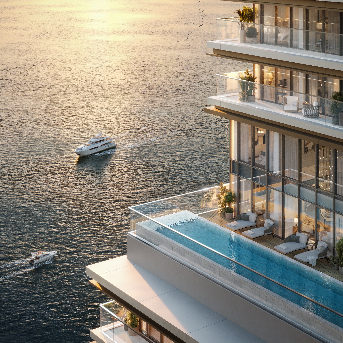 Marina Bayfront District – Khi đặc quyền “Front Row” trở thành phong cách sống bên vịnh Hạ Long- Ảnh 3. A building with a pool on the water AI-generated content may be incorrect.