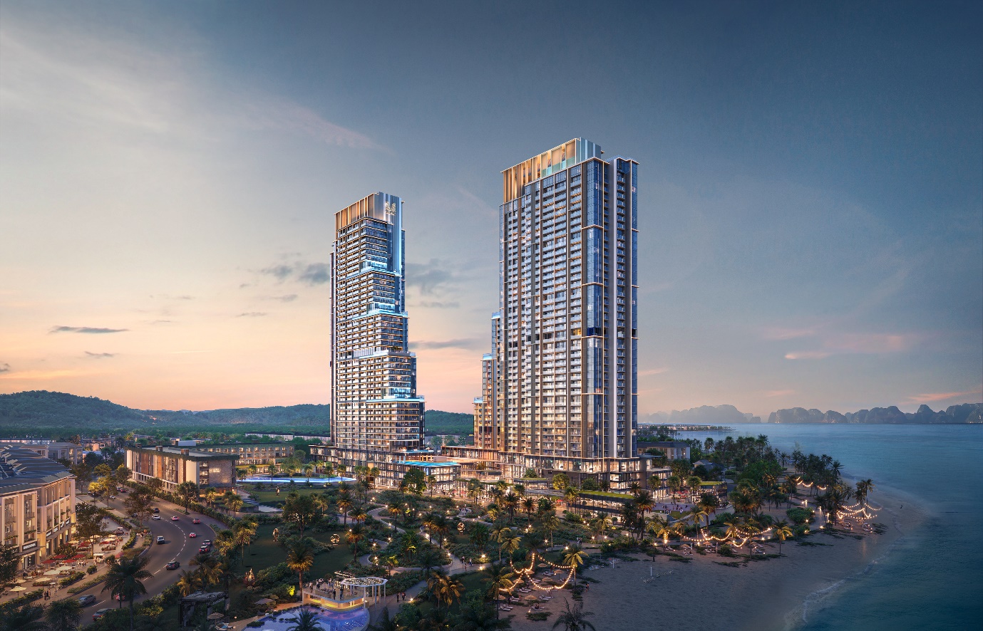 Marina Bayfront District – Khi đặc quyền “Front Row” trở thành phong cách sống bên vịnh Hạ Long- Ảnh 4. A tall buildings next to a beach AI-generated content may be incorrect.