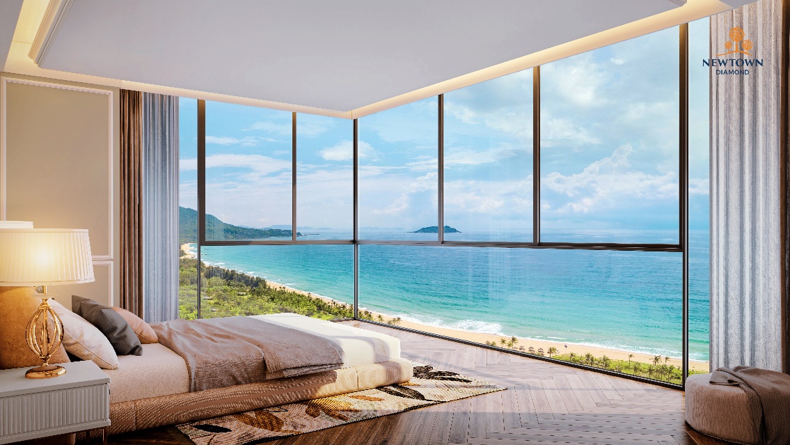 Đặc quyền cho giới tinh hoa tại Newtown Diamond bên bờ biển Đà Nẵng- Ảnh 1. A room with a view of the ocean AI-generated content may be incorrect.