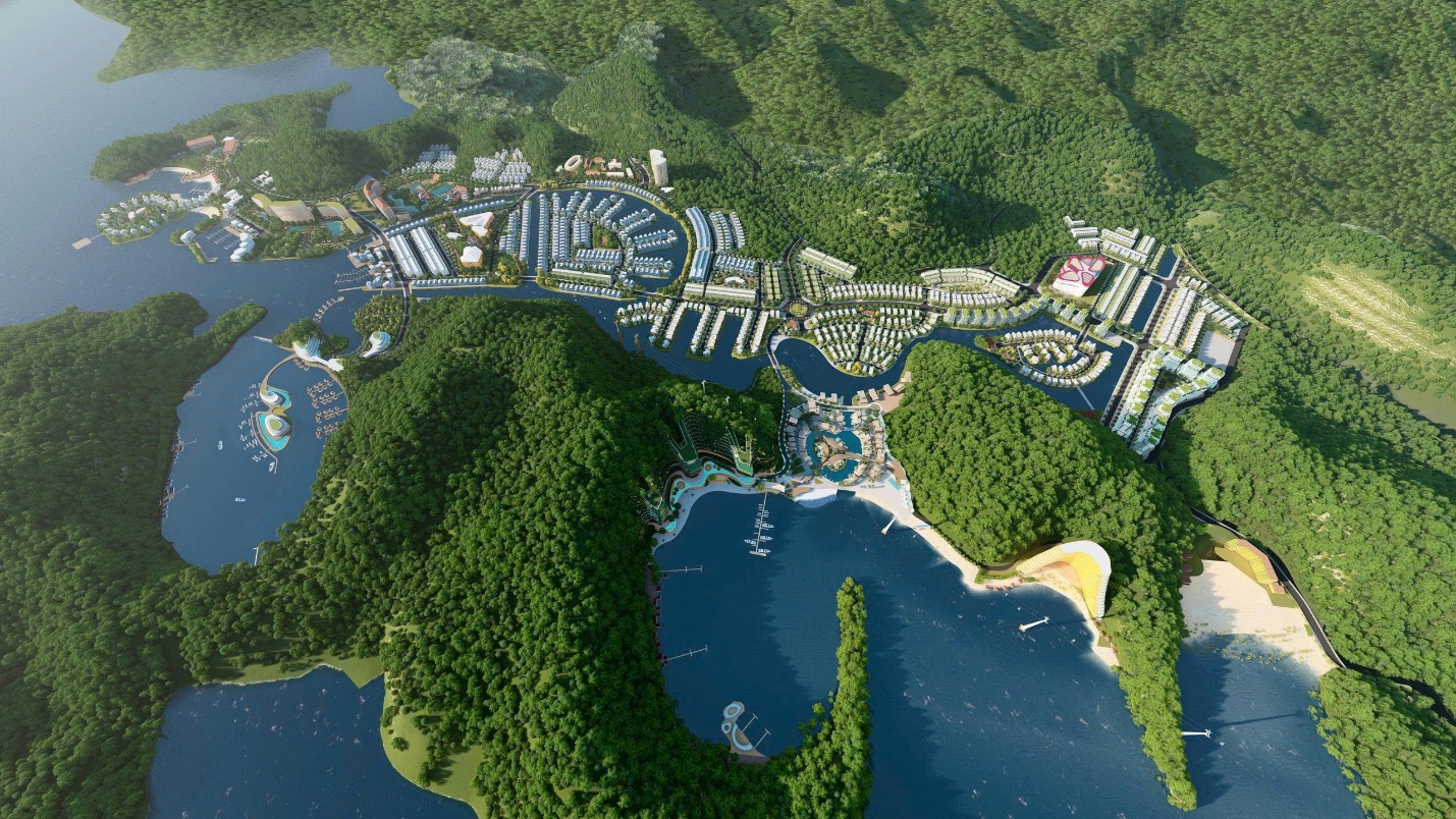 MIK Group tham gia phát triển dự án Cát Bà Amatina- Ảnh 1. An aerial view of a city and water AI-generated content may be incorrect.