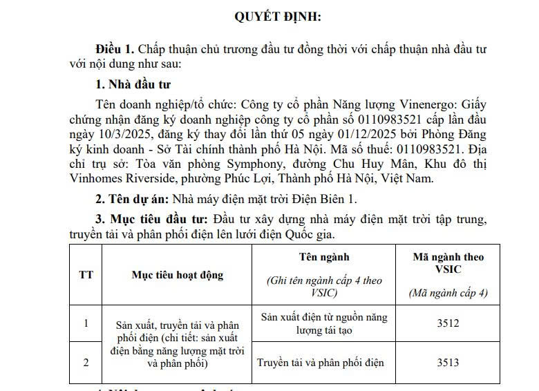 Quyết định chấp thuận chủ trương đầu tư dự án. Nguồn ảnh: UBND tỉnh Điện Biên
