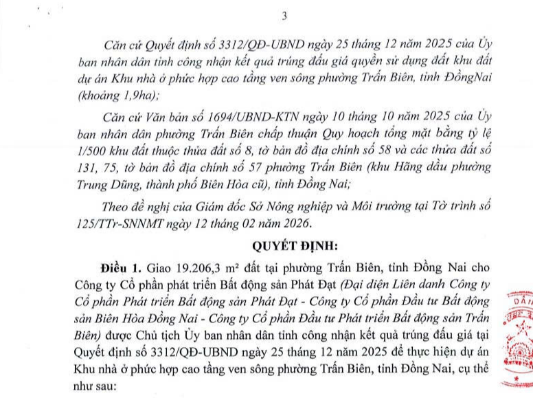 Liên danh Phát Đạt được giao hơn 19.000m2 đất triển khai khu nhà ở phức hợp cao tầng ven sông Đồng Nai- Ảnh 1.