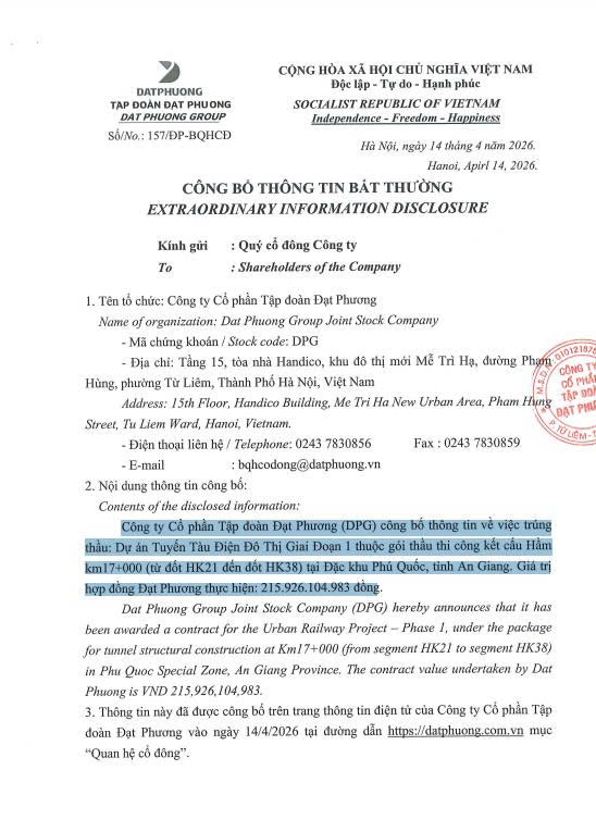 Thông tin công bố của CTCP Tập đoàn Đạt Phương