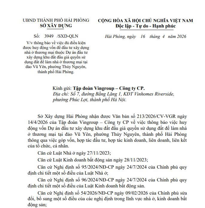 Thông báo của Sở Xây dựng TP. Hải Phòng