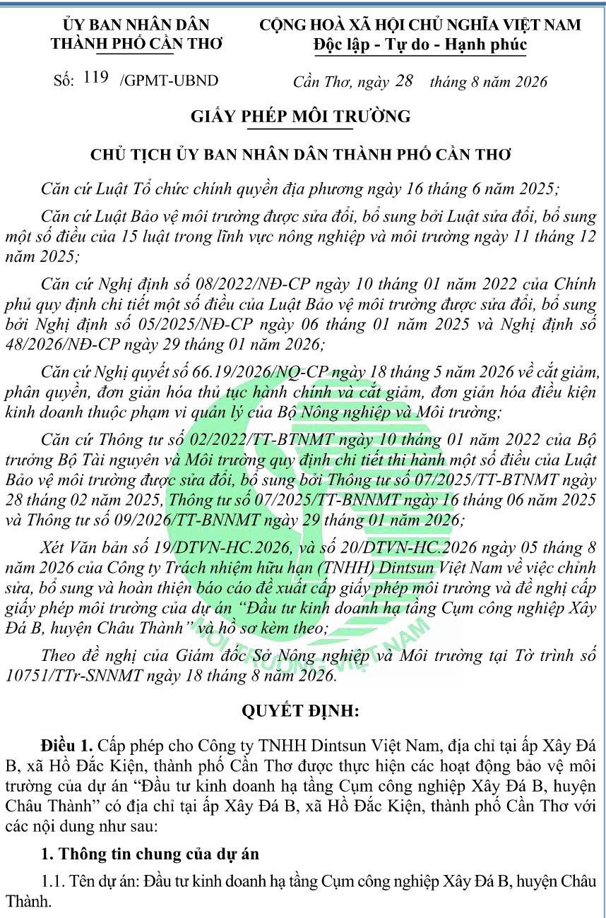 Cần Thơ: Dự án hạ tầng Cụm công nghiệp Xây Đá B được cấp giấy phép môi trường - Ảnh 1.