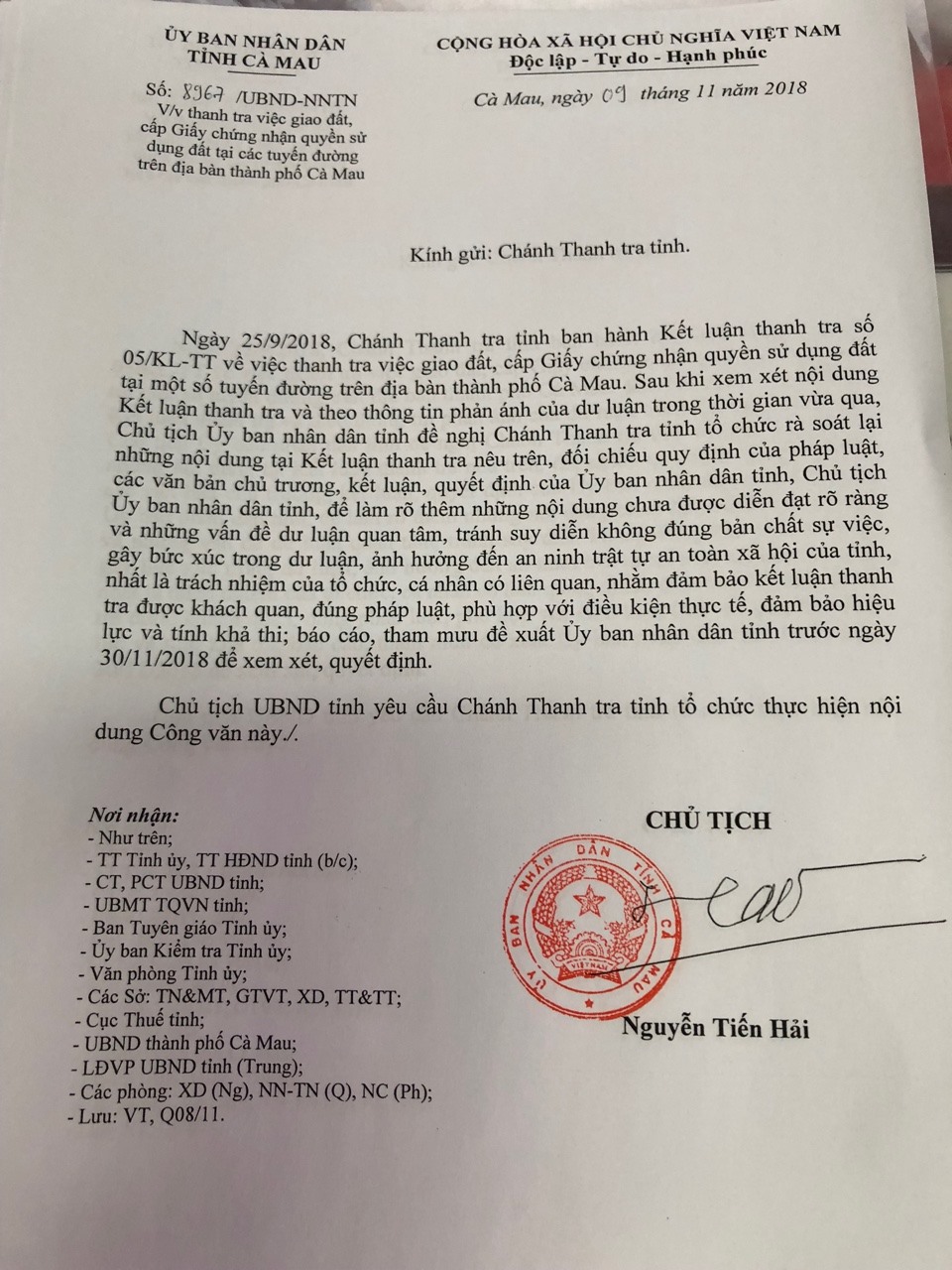 Công văn của Chủ tịch UBND tỉnh Cà Mau đề nghị Thanh tra rà soát lại KL của mình