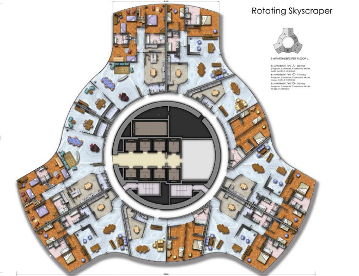 Mặt cắt Sơ đồ thiết kế căn hộ tại mỗi tầng của Tòa nhà Dynamic Tower (Ảnh: Dynamic Architecture Group)