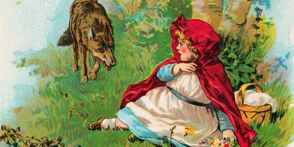 Cô bé quàng khăn đỏ và chó sói - một hình ảnh quen thuộc từ huyện cổ Grimm. 