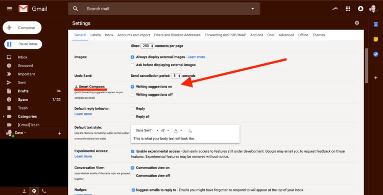 Khi Gmail đã chạy bản thử nghiệm, bạn hãy quay lại phần cài đặt và tùy chọn vào mục Smart Compose và chọn Writing suggestion on.