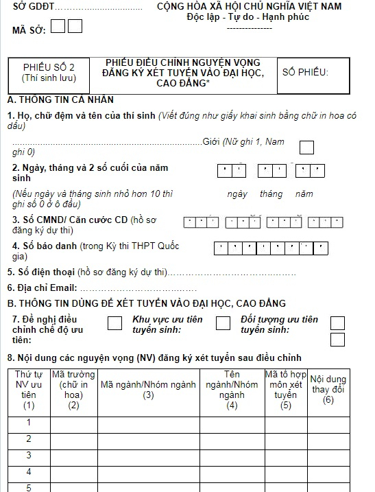 Phiếu thay đổi nguyện vọng xét tuyển đại học 2018.