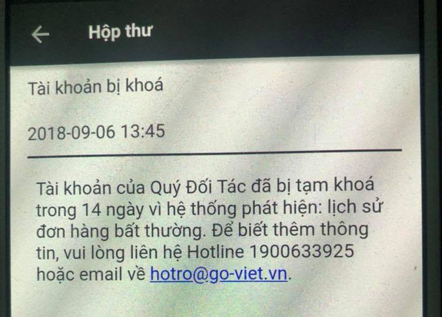 Ảnh chụp màn hình của một tài khoản Go-Việt bị khóa.