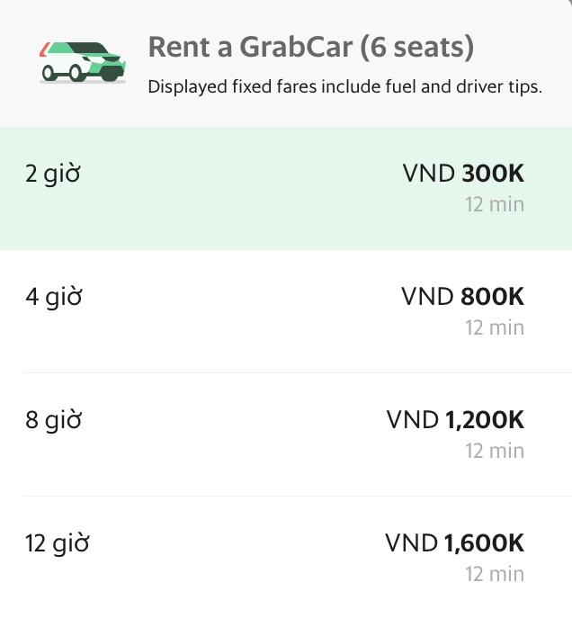 Bảng giá dịch vụ cho thuê xe của Grab