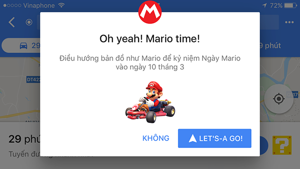Truy cập ứng dụng Google Maps, chọn điểm đến, tại đây chọn khối “?” xuất hiện phía góc dưới cùng màn hình và thông báo “Oh yeah! Mario time!” với nút điều hướng 