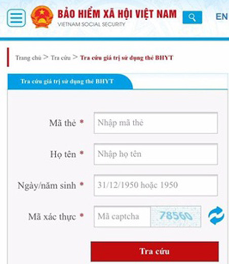 Tra cứu thông tin về thẻ BHYT trên Cổng Thông tin điện tử BHXH Việt Nam.