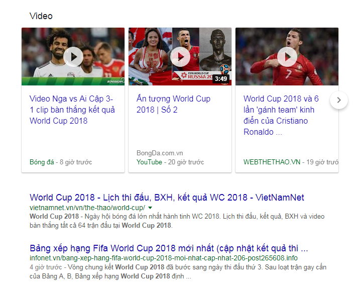 Google tuyển chọn tất cả các video từ kênh đài về World Cup và hiển thị trong mục Video