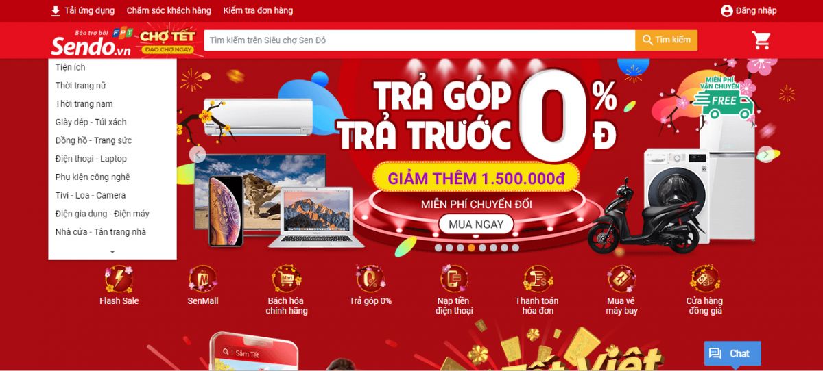 Trang chủ chính của sàn giao dịch thương mại điện tử Sendo.