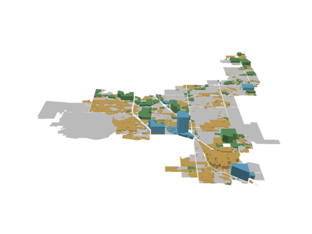 Ảnh 2: Mô hình bản đồ nước ở Westminster: Màu xanh lá cây là nơi nước đang sử dụng, xanh dương là nơi nước đang được tái sử dụng, màu vàng đang hiện có, chiều cao phản ánh việc sử dụng nước dự kiến)