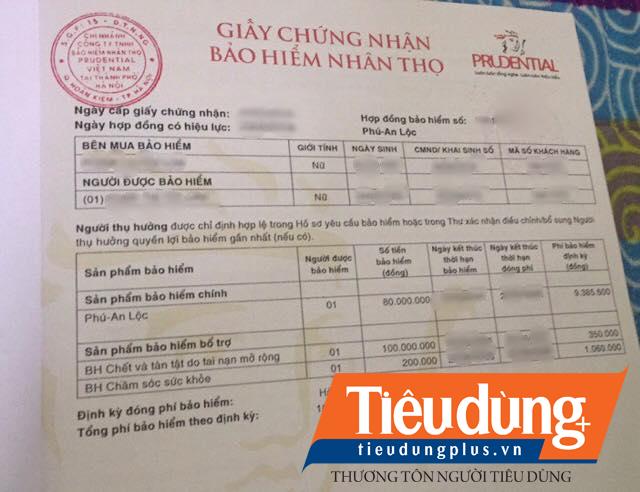 Giấy chứng nhận bảo hiểm nhân thọ Prudential do độc giả cung cấp