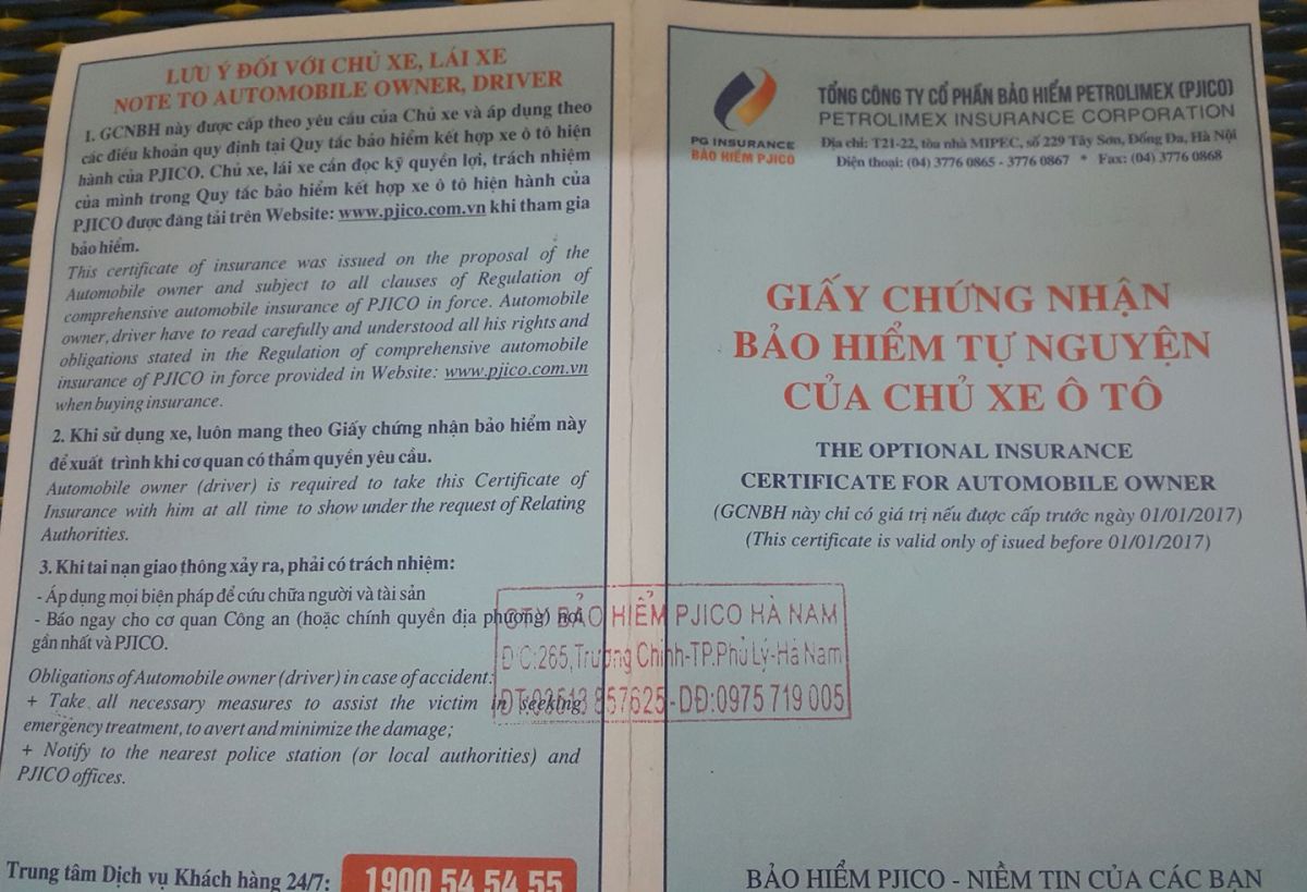 Giấy chứng nhận bảo hiểm xe của anh B.T.C