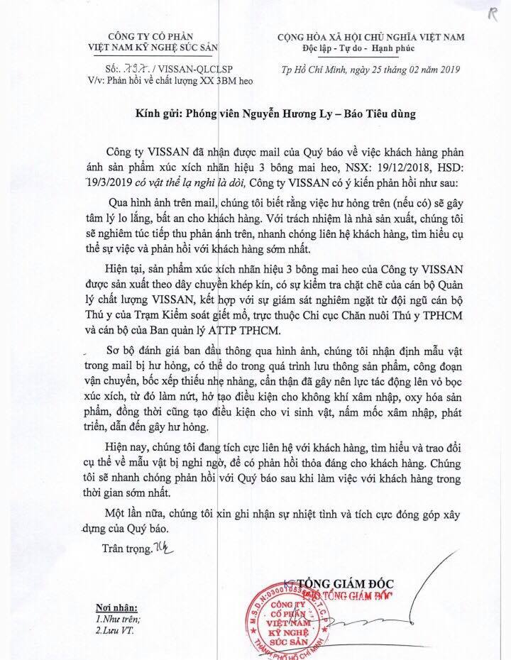 Công văn phản hồi trước đó của đại diện lãnh đạo Vissan