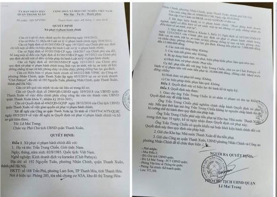 Một trong những biên bản xử phạt đối với Karaoke Pattya Clup số 192 Nguyễn Tuân