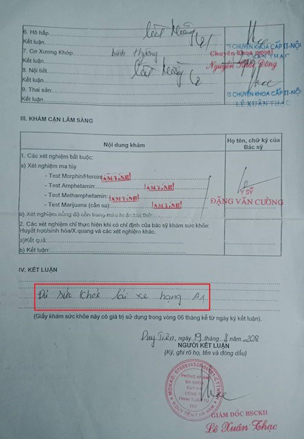Giấy khám sức khỏe do Phòng khám Đa khoa Duy Hà - Công ty TNHH Tuấn Tú 108 cấp khống cho học viên đăng ký thi bằng lái xe.